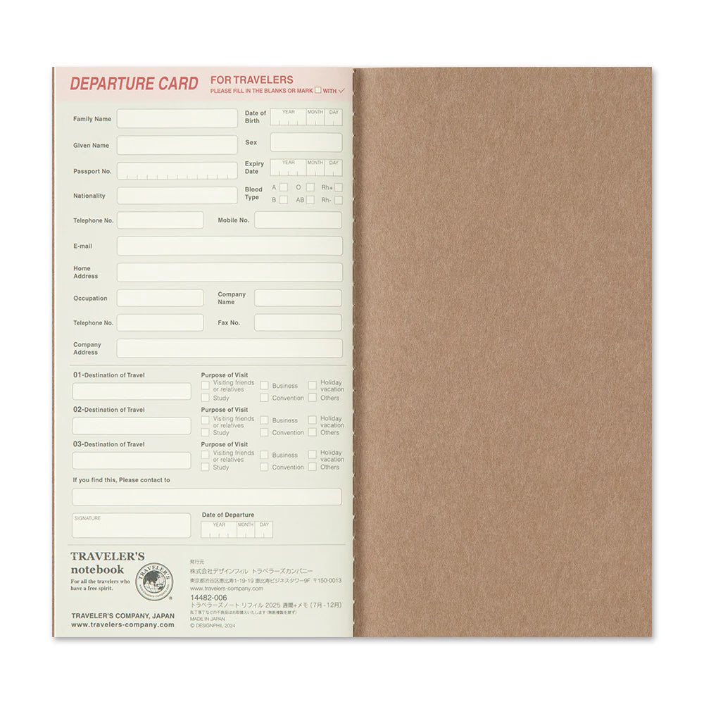 Traveler's Notebook 2025 Refill Weekly + Memo - Regular Size (Second Half)