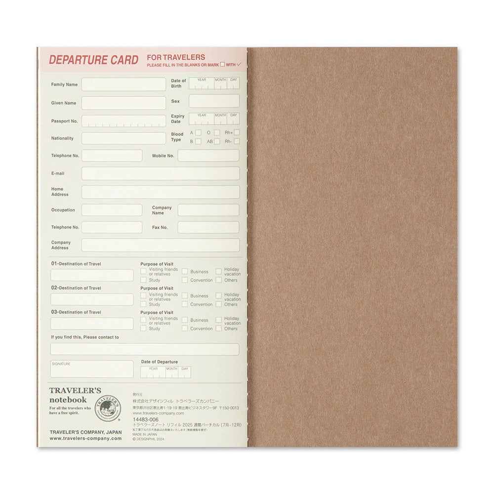 Traveler's Notebook 2025 Refill Weekly Vertical - Regular Size (Second Half)