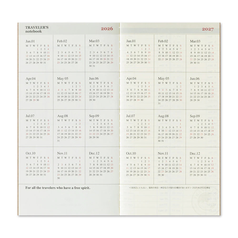 Traveler's Notebook 2026 Refill Weekly + Memo - Regular Size (Second Half)