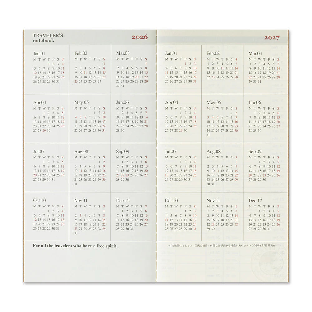 Traveler's Notebook 2026 Refill Weekly Vertical - Regular Size (Second Half) (Copy)