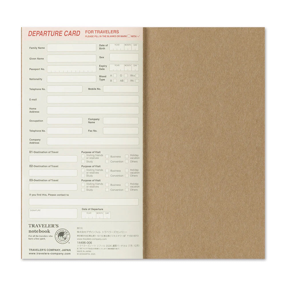 Traveler's Notebook 2026 Refill Weekly Vertical - Regular Size (Second Half) (Copy)