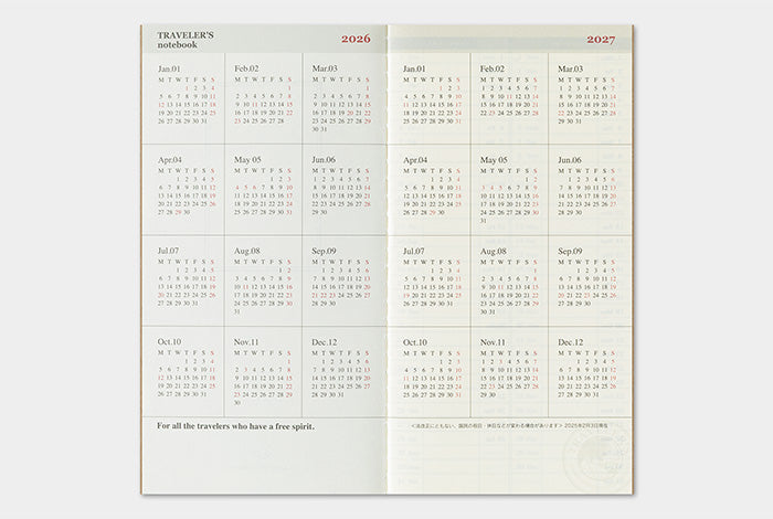 Traveler's Notebook 2026 Refill Weekly + Memo - Regular Size