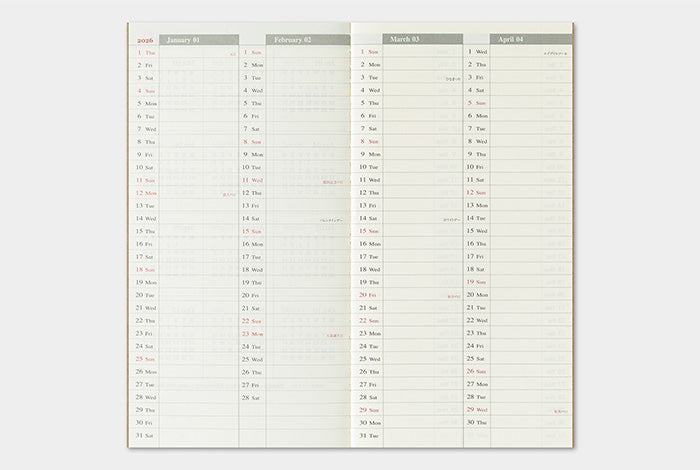 Traveler's Notebook 2026 Refill Weekly + Memo - Regular Size