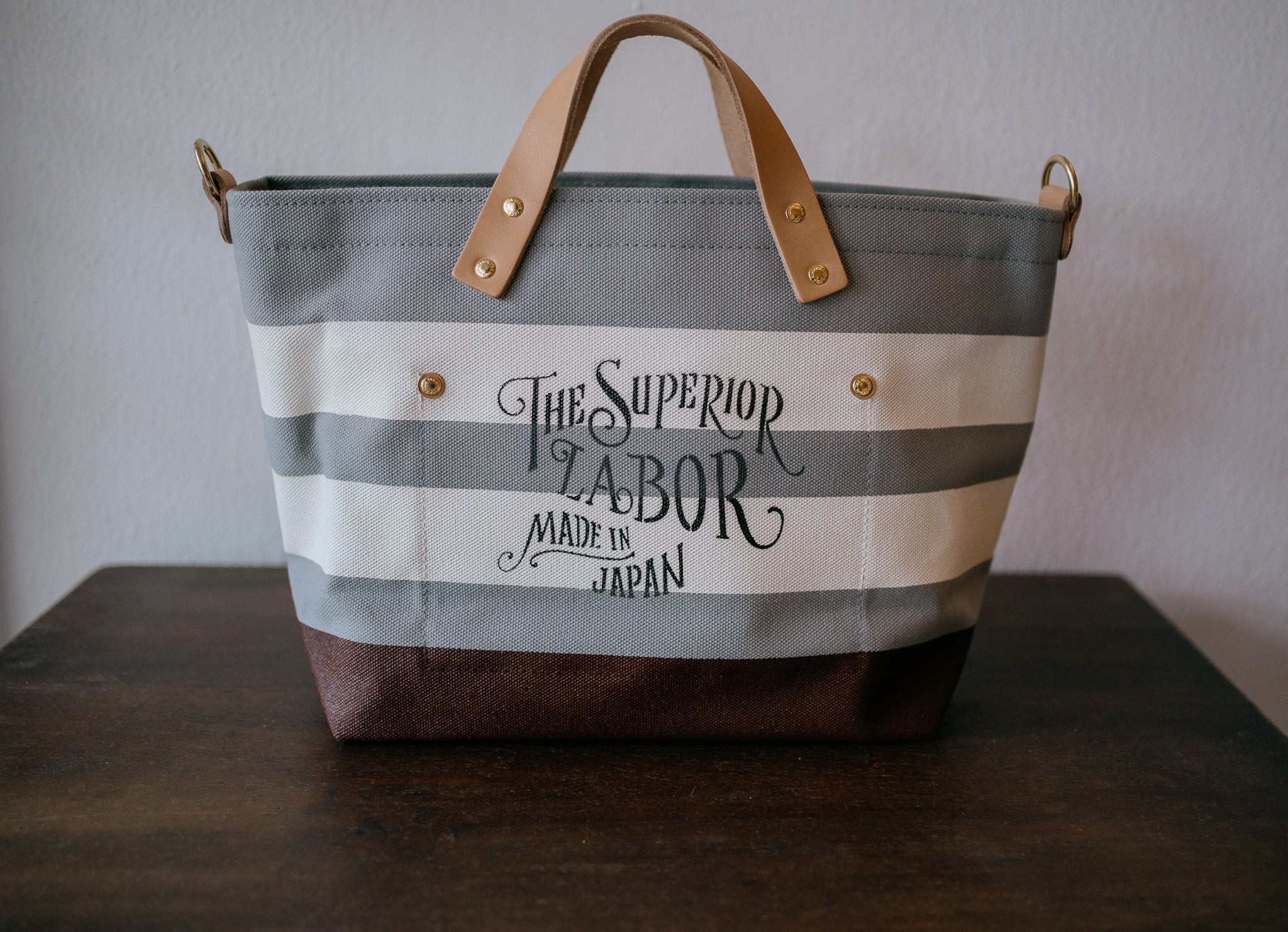 The Superior Labor-Engineer Shoulder Bag XS: Gray Canvas Stripes (White/White/Chocolate)