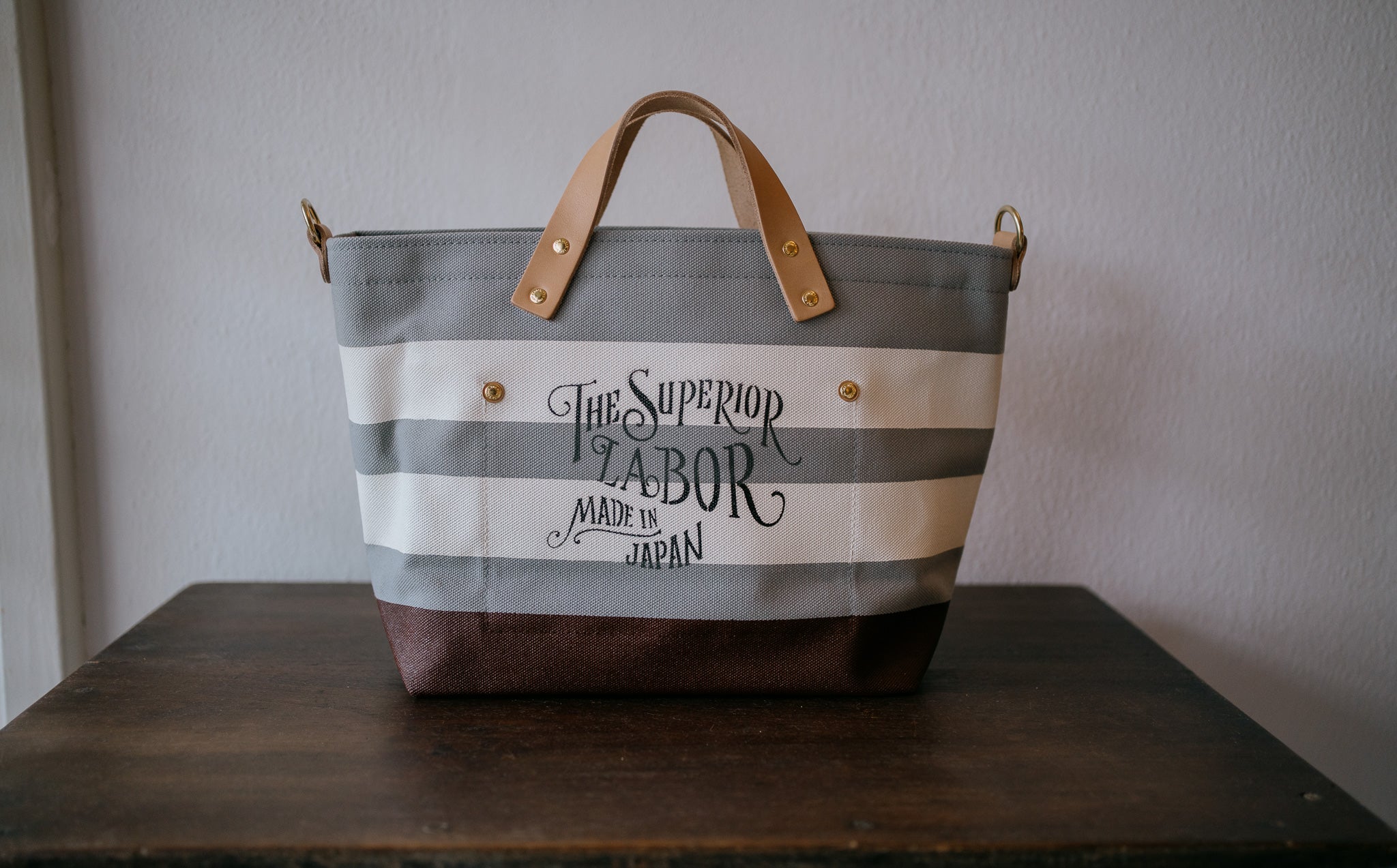 The Superior Labor-Engineer Shoulder Bag XS: Gray Canvas Stripes (White/White/Chocolate)