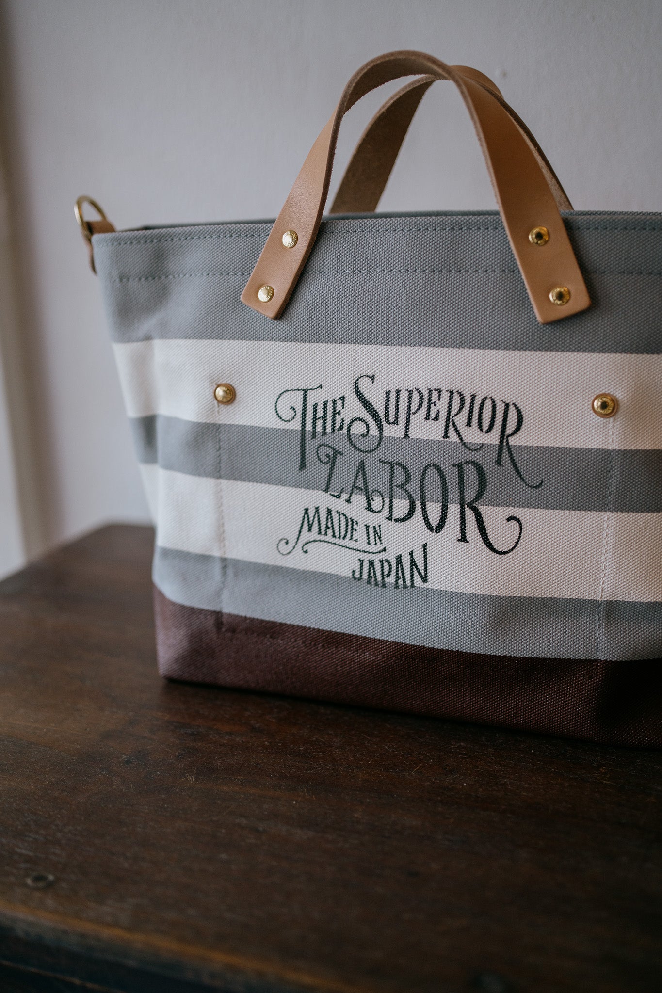 The Superior Labor-Engineer Shoulder Bag XS: Gray Canvas Stripes (White/White/Chocolate)