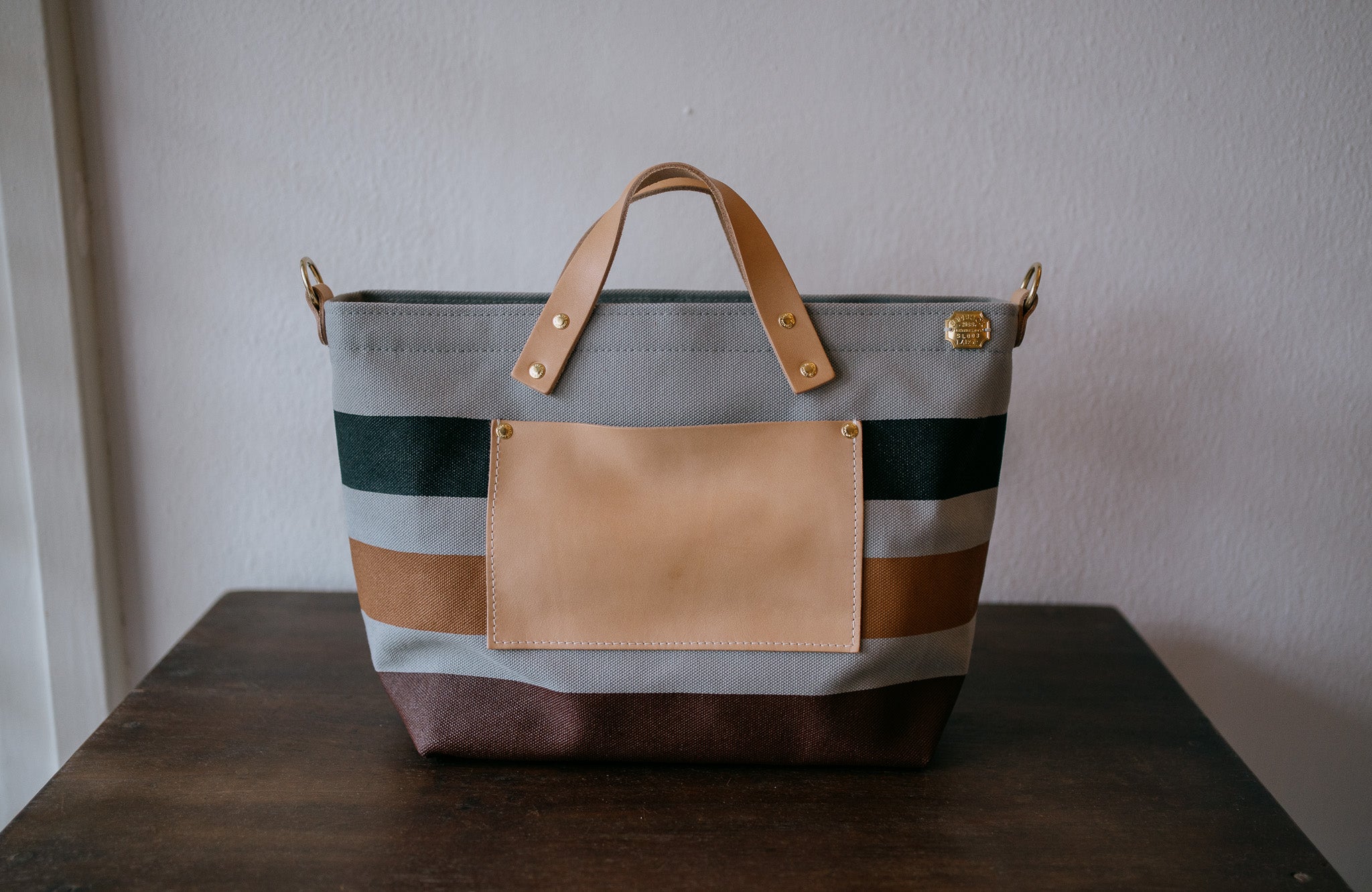 The Superior Labor-Engineer Shoulder Bag XS: Gray Canvas Stripes (Black/Tan/Chocolate)