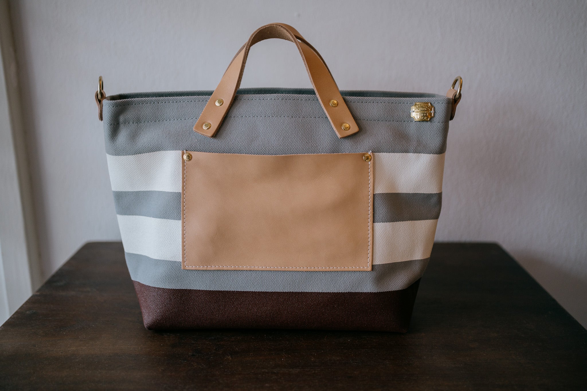 The Superior Labor-Engineer Shoulder Bag XS: Gray Canvas Stripes (White/White/Chocolate)