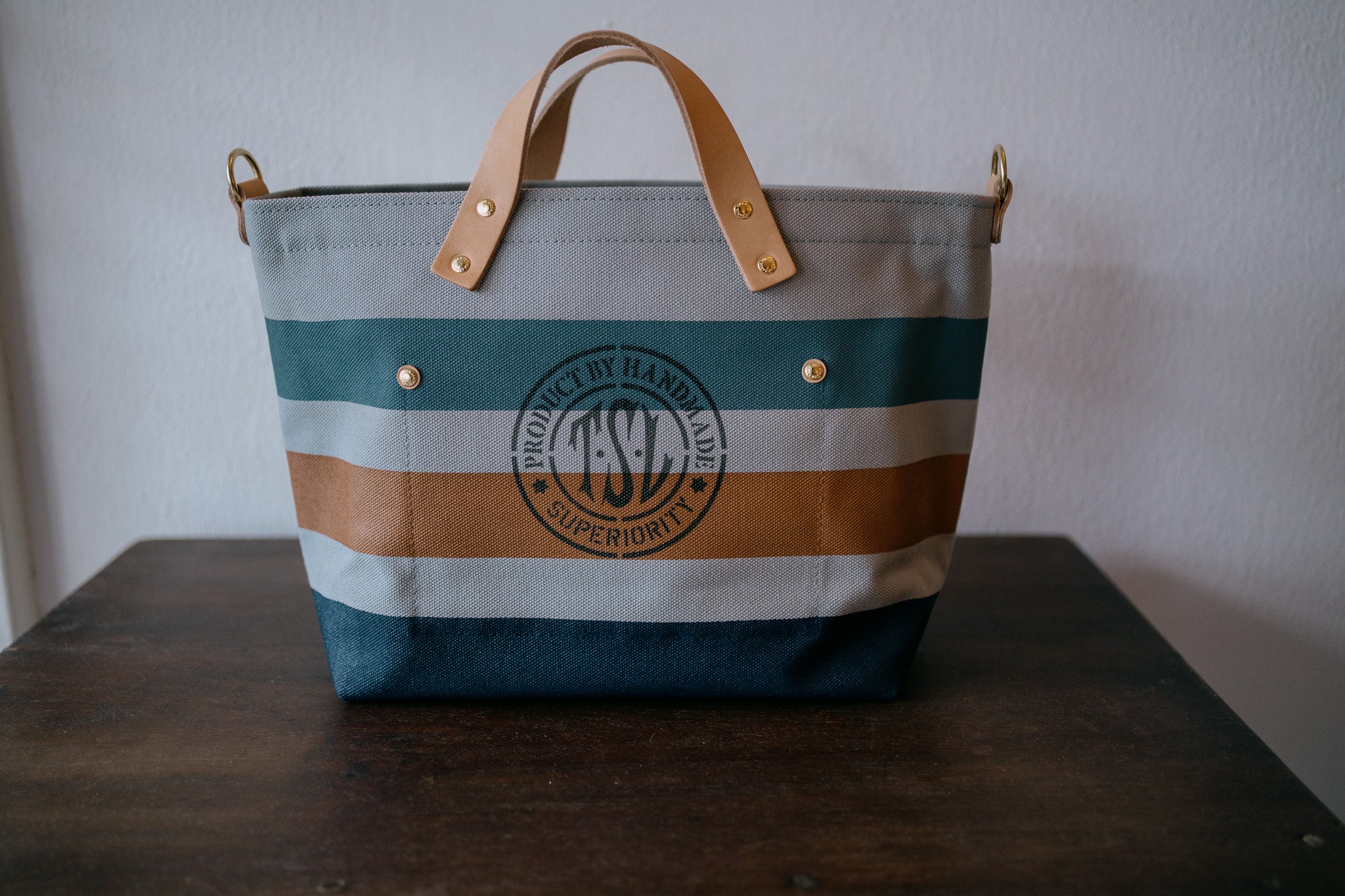 The Superior Labor-Engineer Shoulder Bag XS: Gray Canvas Stripes (Blue Grey/Tan/Navy)