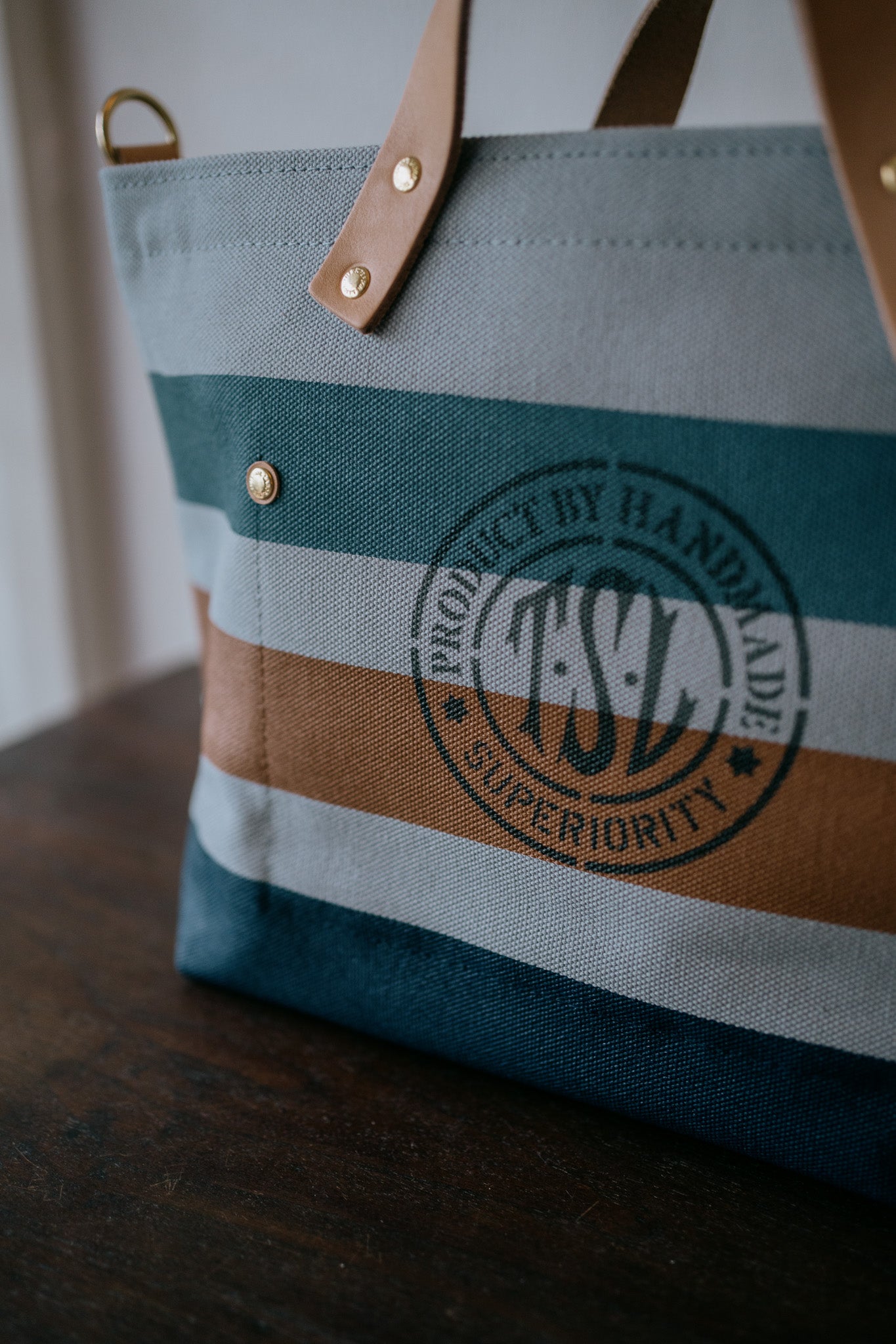 The Superior Labor-Engineer Shoulder Bag XS: Gray Canvas Stripes (Blue Grey/Tan/Navy)
