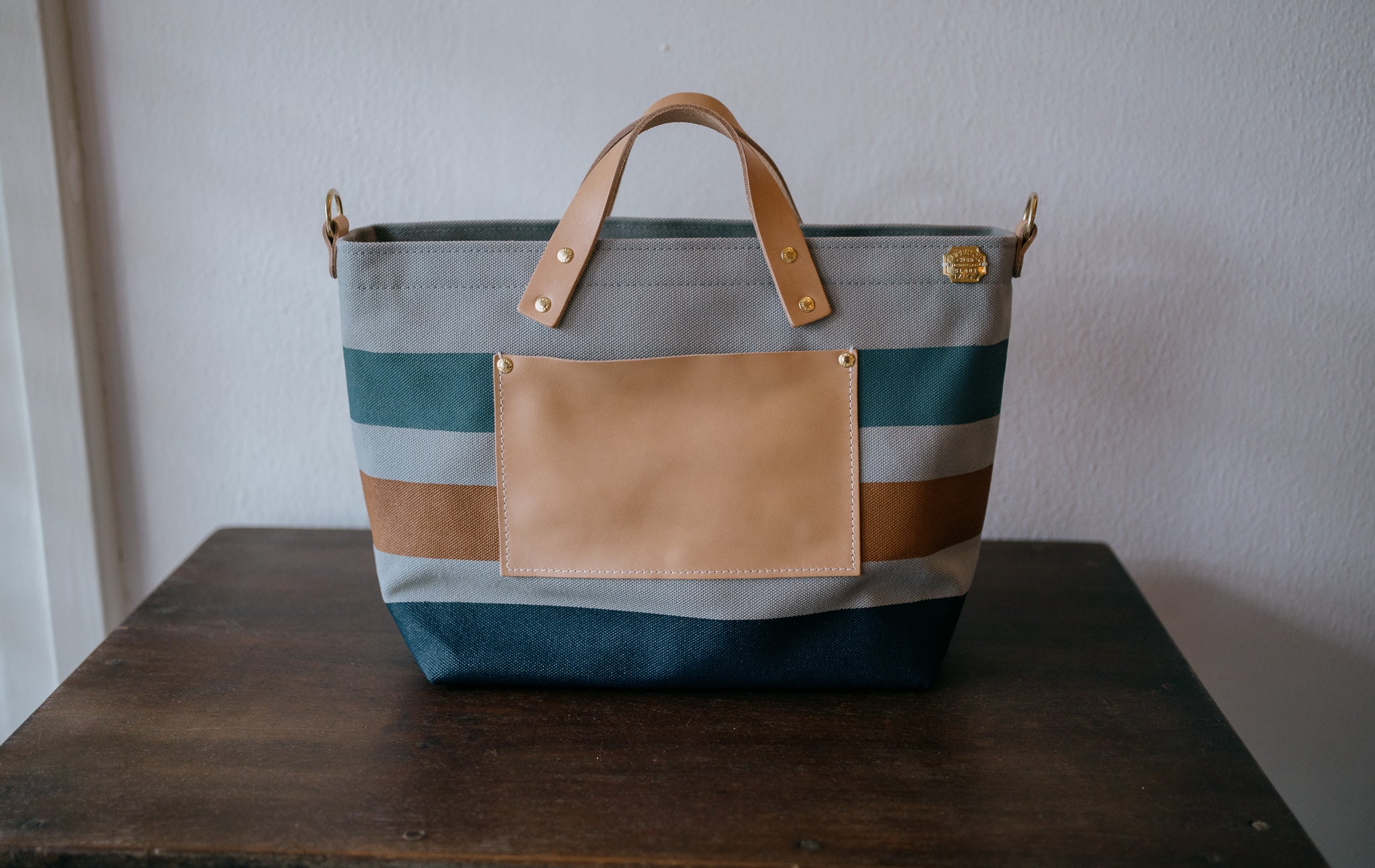 The Superior Labor-Engineer Shoulder Bag XS: Gray Canvas Stripes (Blue Grey/Tan/Navy)