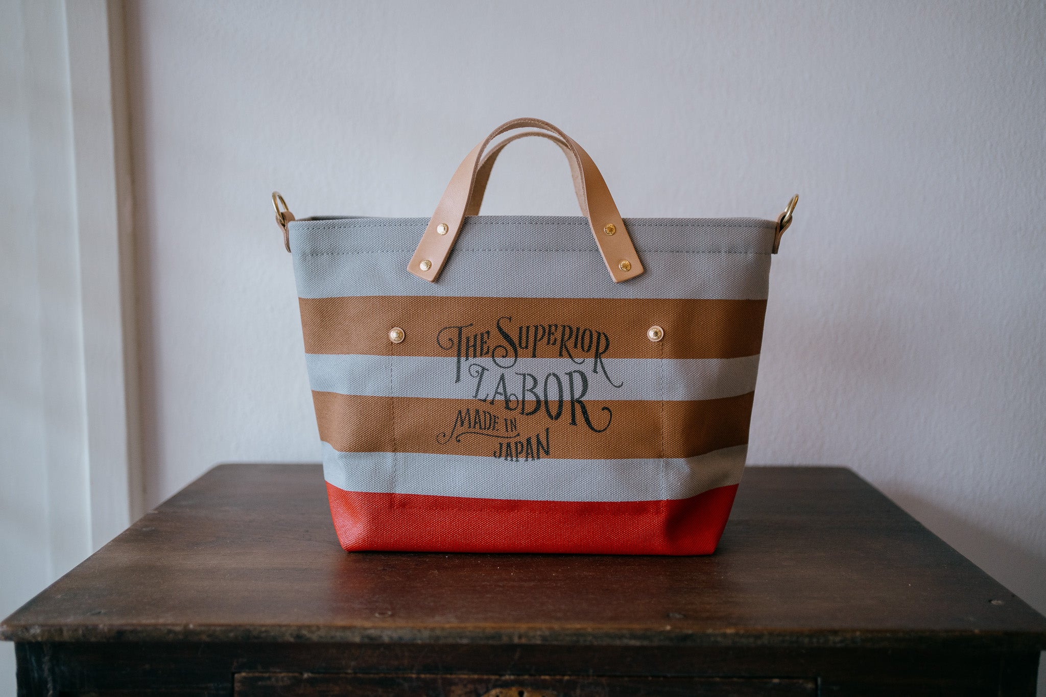 The Superior Labor-Engineer Shoulder Bag XS: Gray Canvas Stripes (Tan/Tan/Red)
