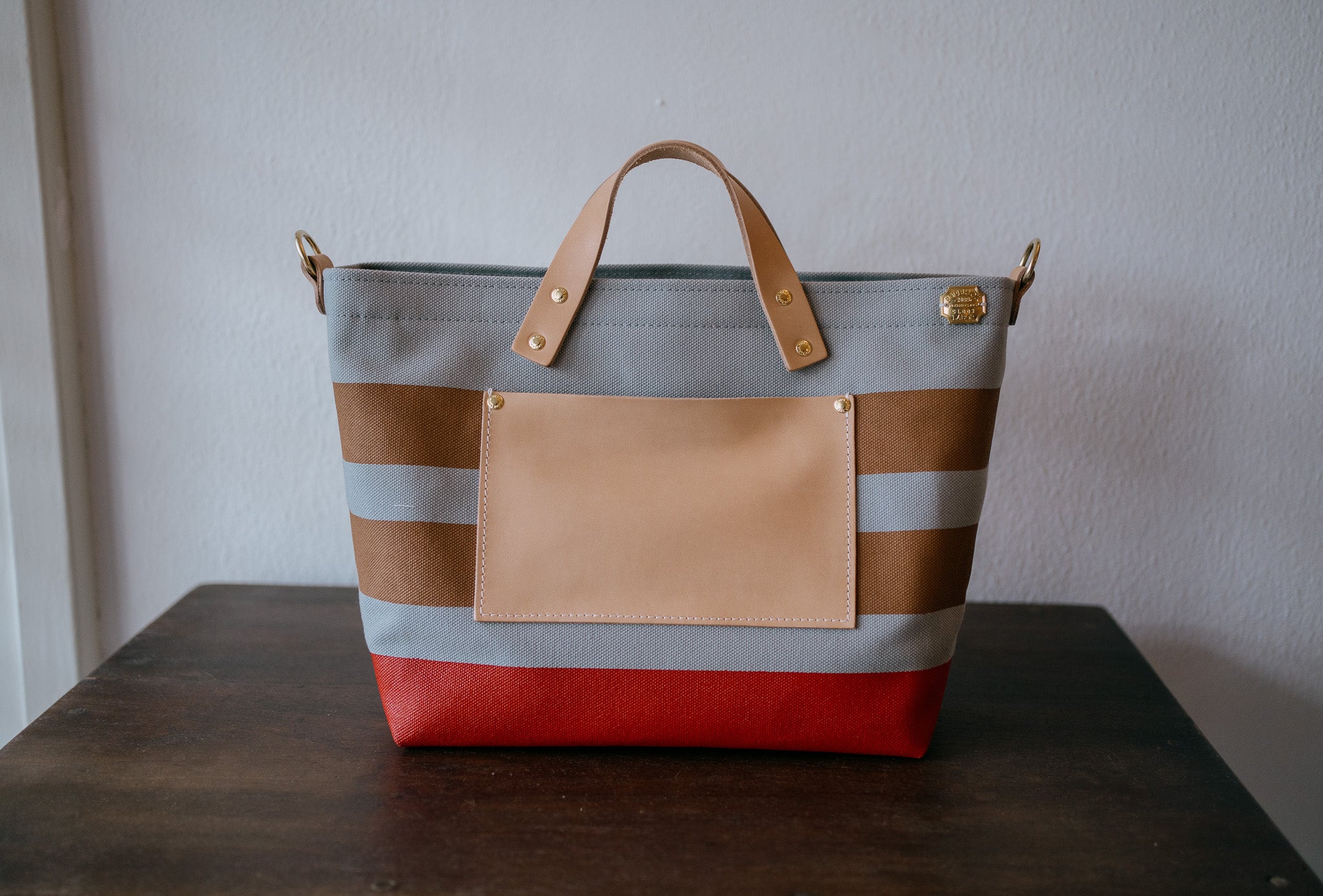 The Superior Labor-Engineer Shoulder Bag XS: Gray Canvas Stripes (Tan/Tan/Red)