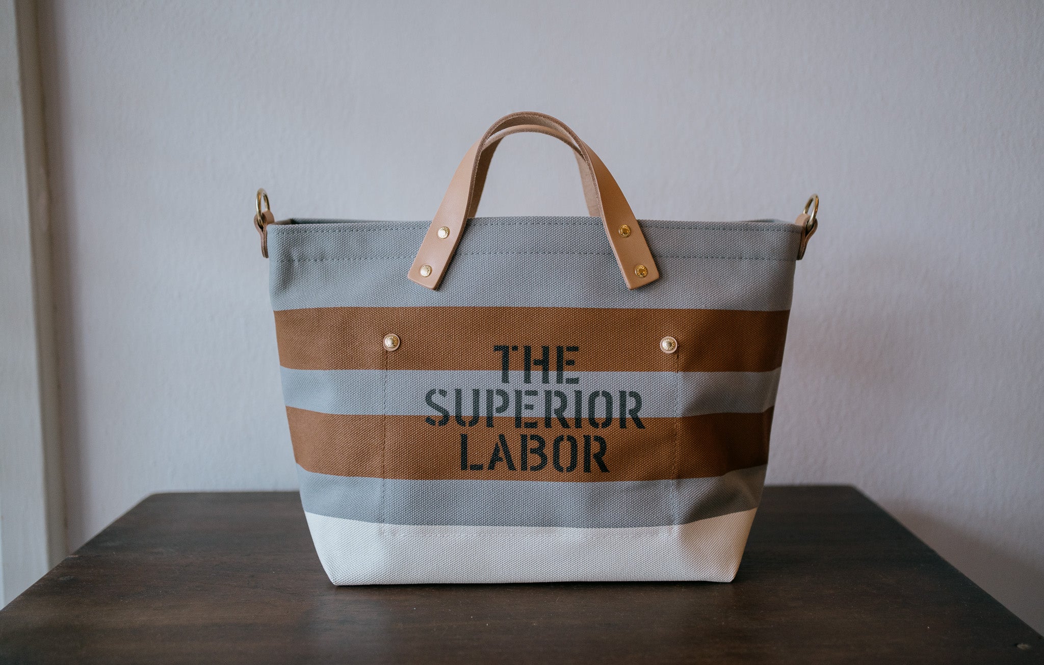 The Superior Labor-Engineer Shoulder Bag XS: Gray Canvas Stripes (Tan/Tan/White) Gothic