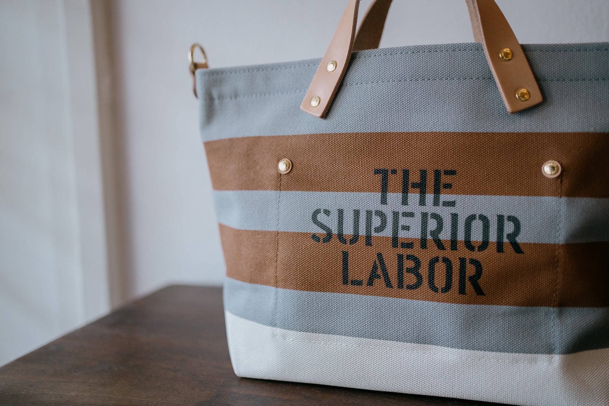 The Superior Labor-Engineer Shoulder Bag XS: Gray Canvas Stripes (Tan/Tan/White) Gothic