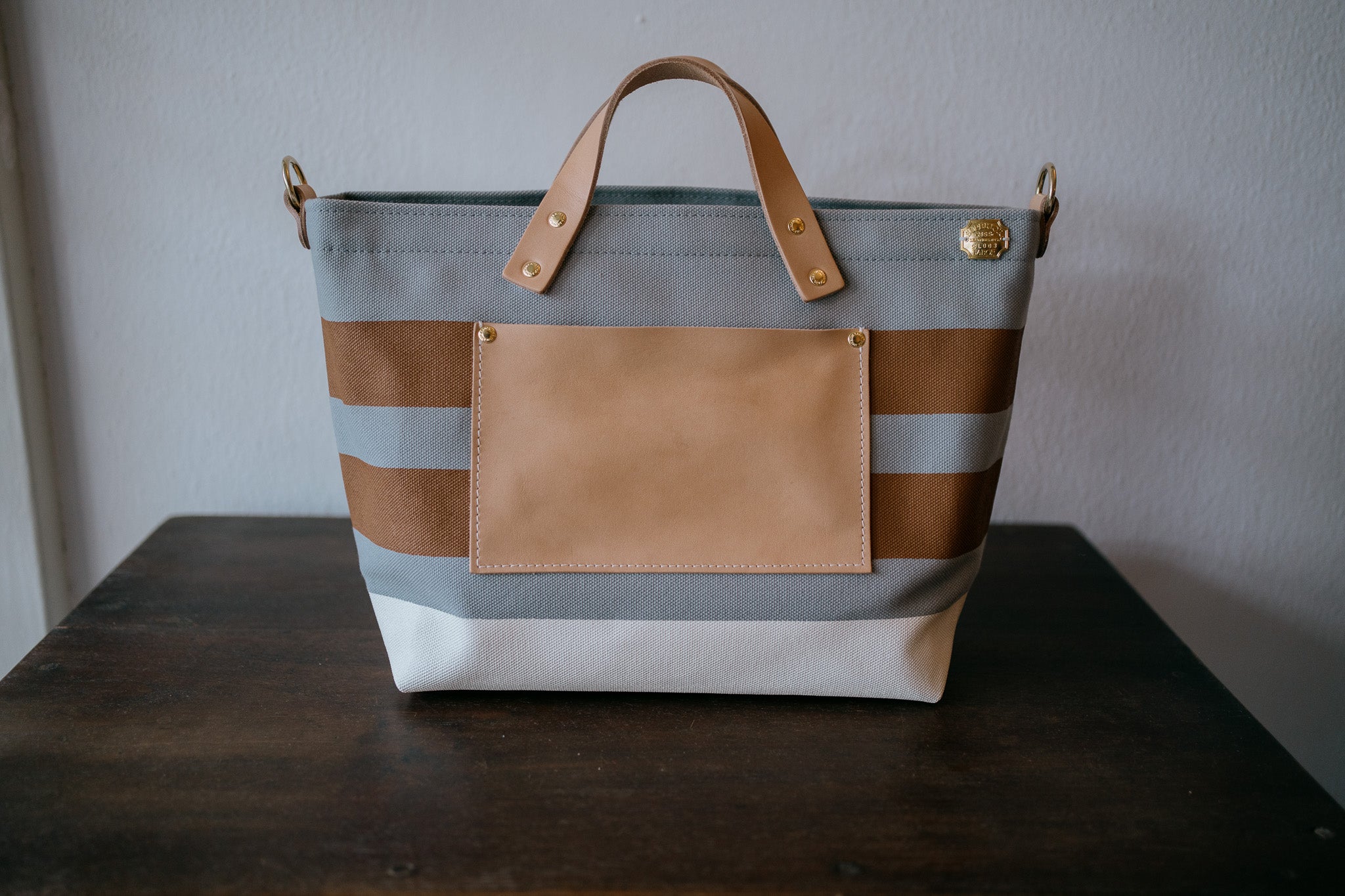 The Superior Labor-Engineer Shoulder Bag XS: Gray Canvas Stripes (Tan/Tan/White) Gothic