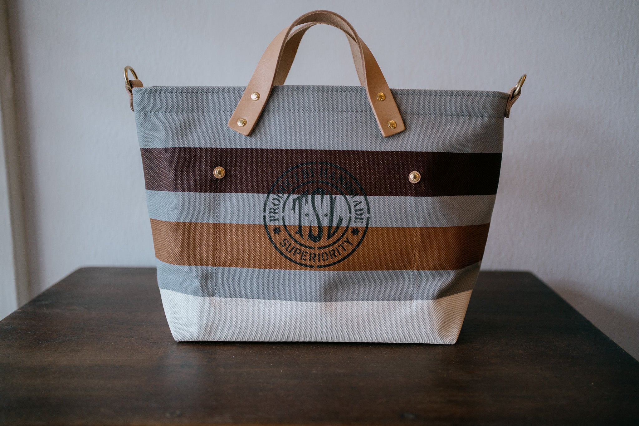 The Superior Labor-Engineer Shoulder Bag XS: Gray Canvas Stripes (Chocolate/ Tan/ White)