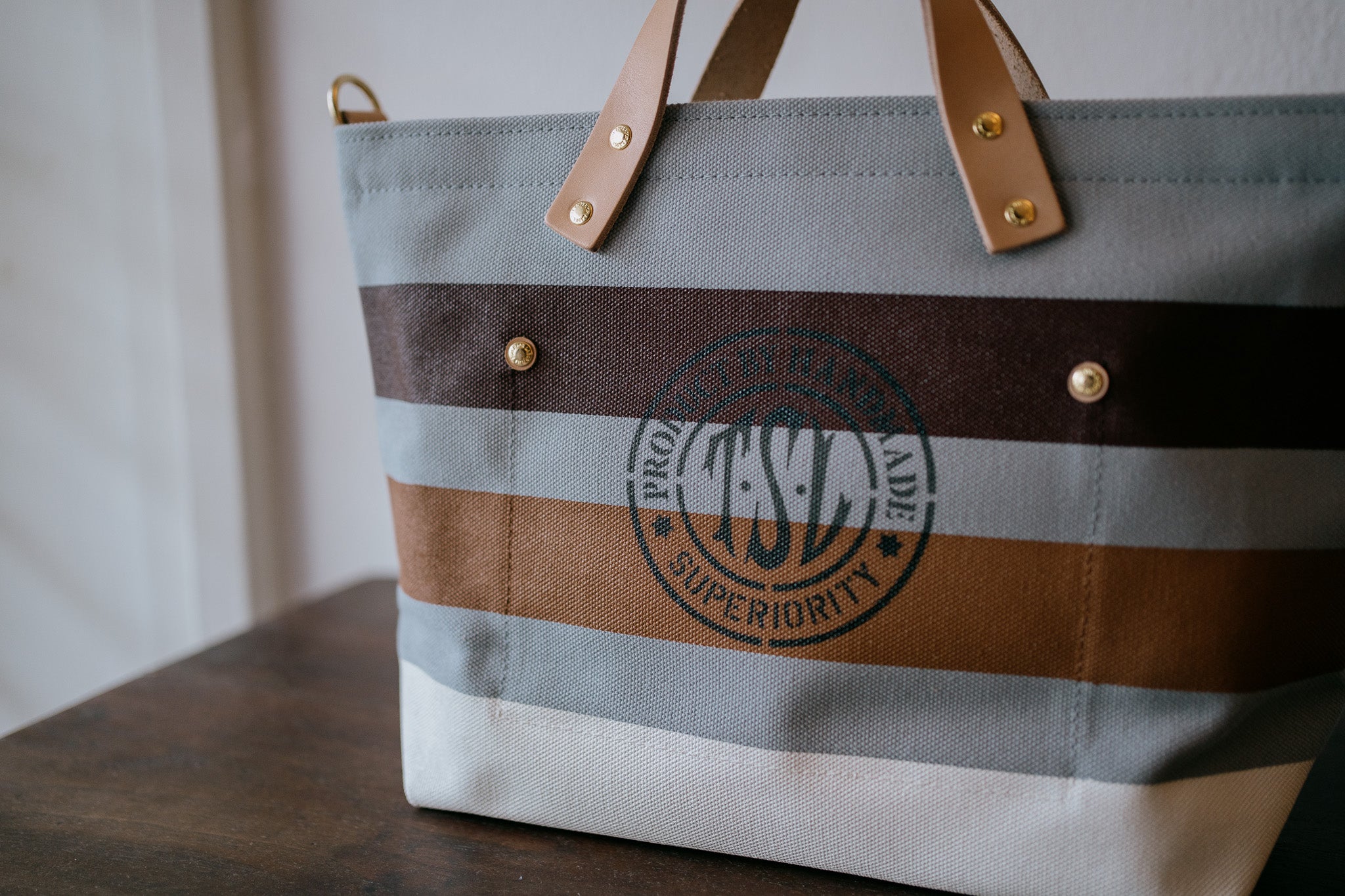 The Superior Labor-Engineer Shoulder Bag XS: Gray Canvas Stripes (Chocolate/ Tan/ White)