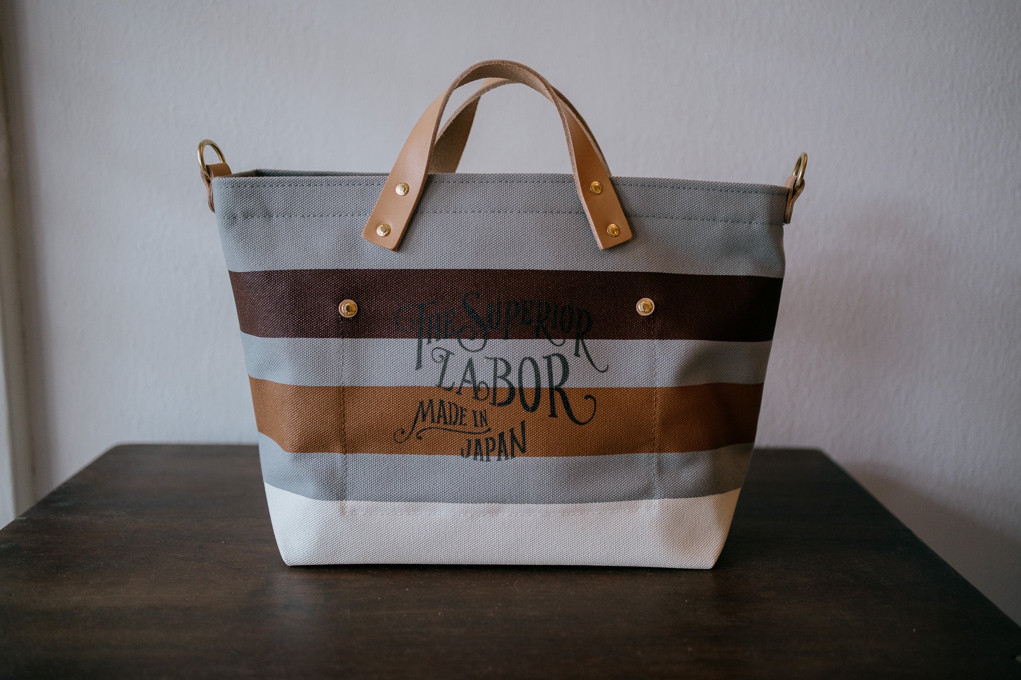 The Superior Labor-Engineer Shoulder Bag XS: Gray Canvas Stripes (Chocolate/ Tan/ White)