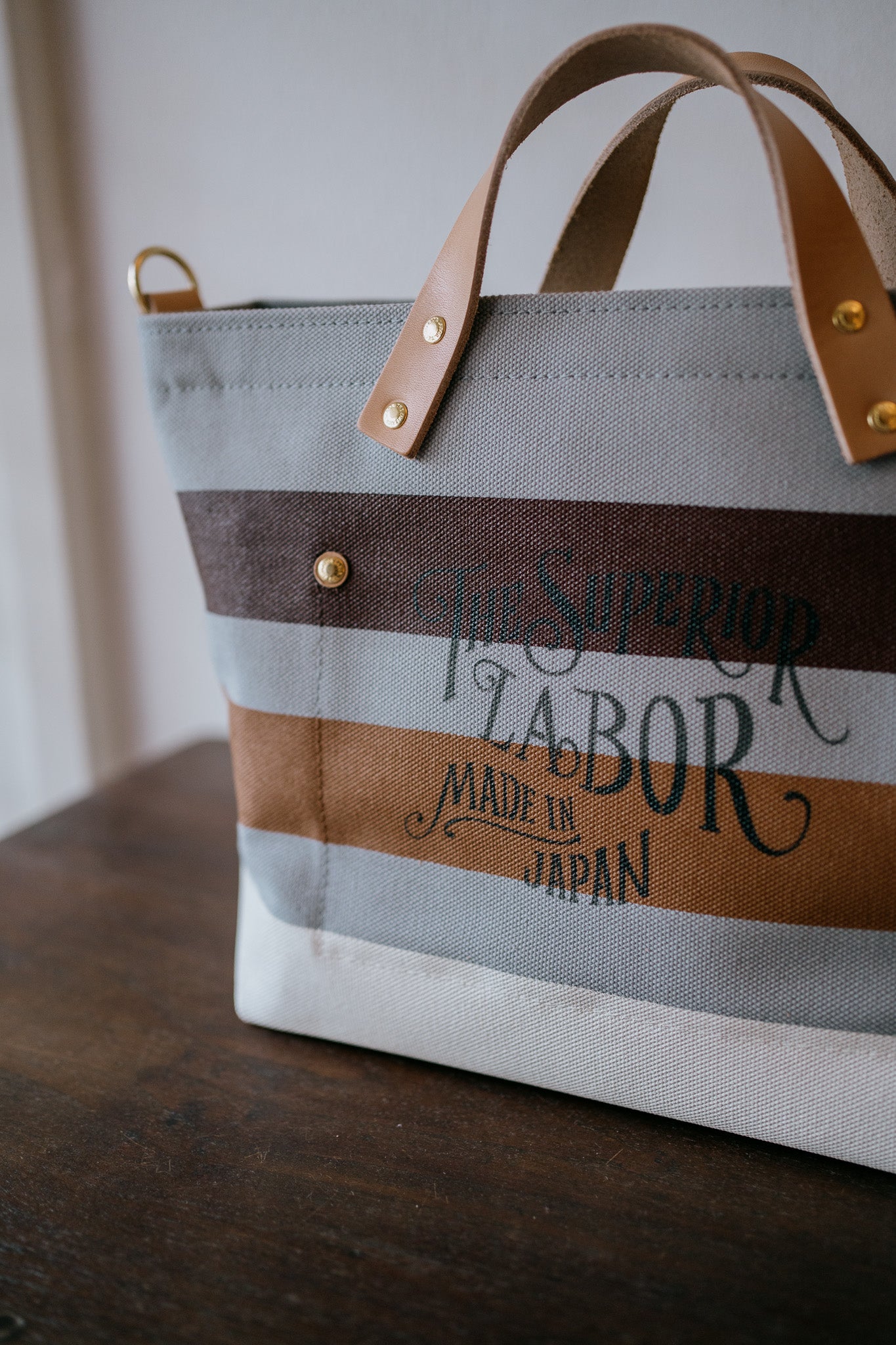 The Superior Labor-Engineer Shoulder Bag XS: Gray Canvas Stripes (Chocolate/ Tan/ White)