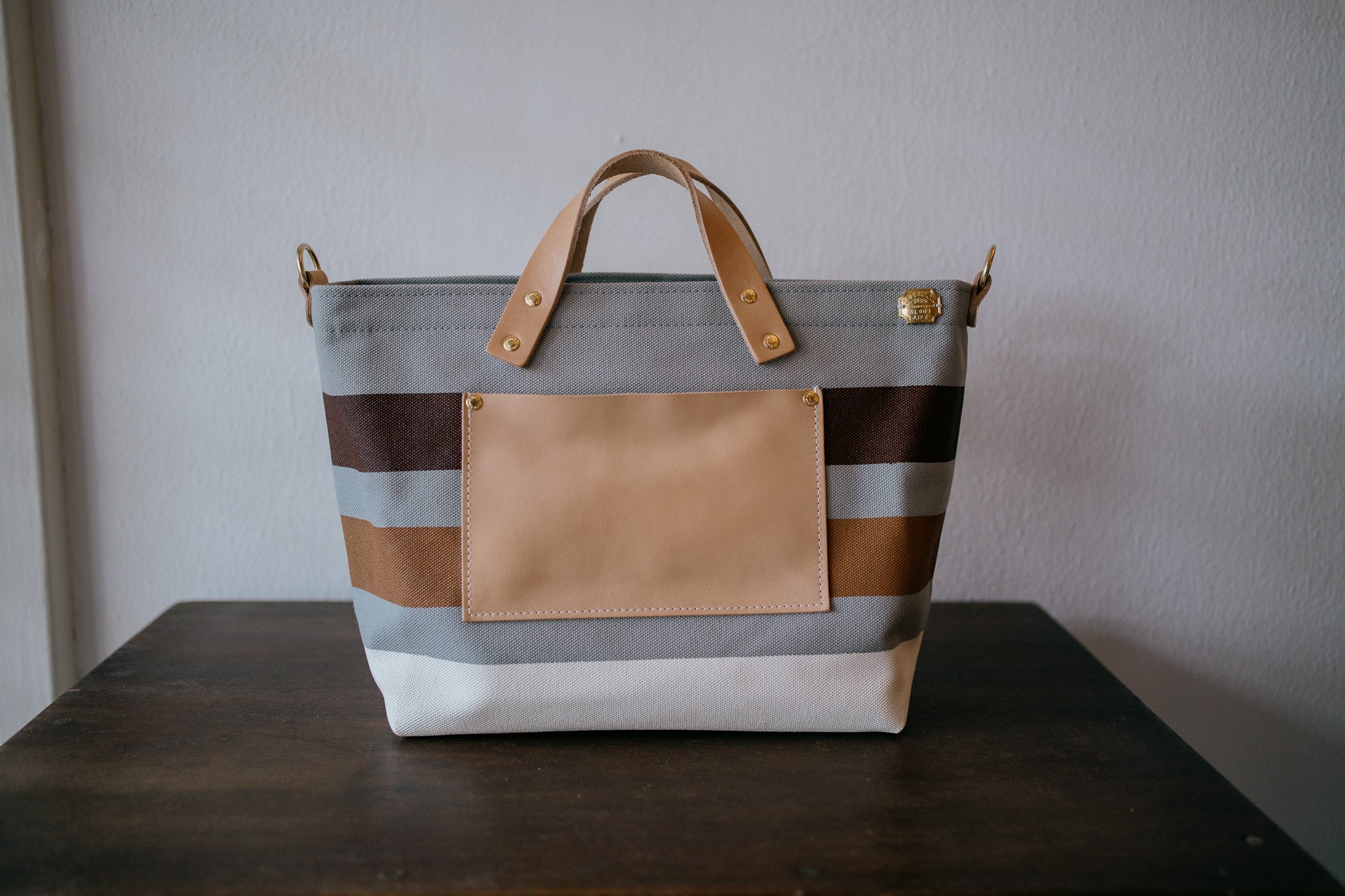 The Superior Labor-Engineer Shoulder Bag XS: Gray Canvas Stripes (Chocolate/ Tan/ White)