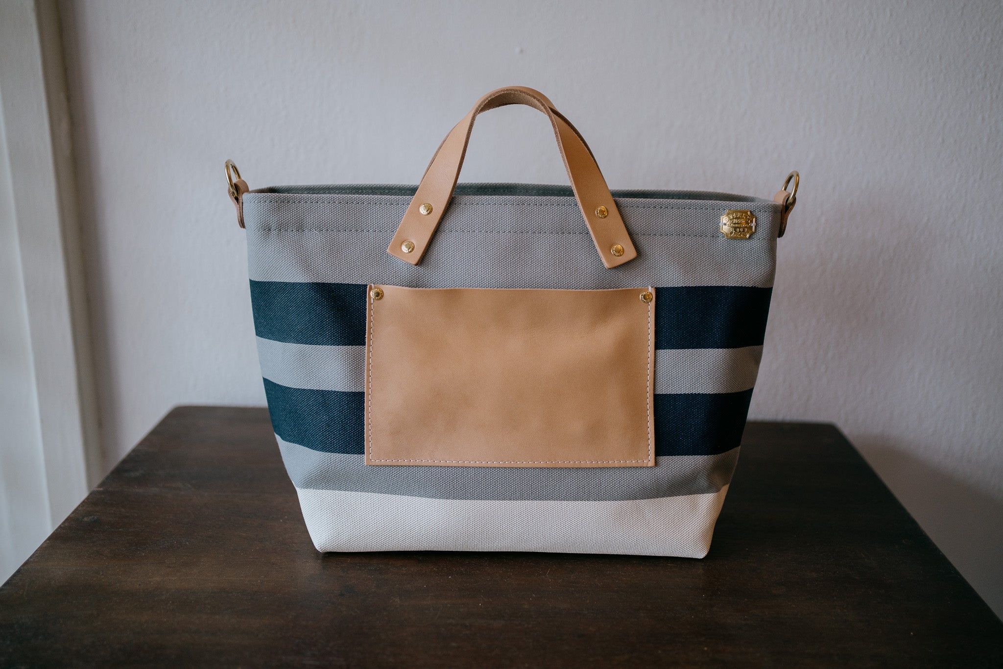 The Superior Labor-Engineer Shoulder Bag XS: Gray Canvas Stripes (Navy/Navy/White)