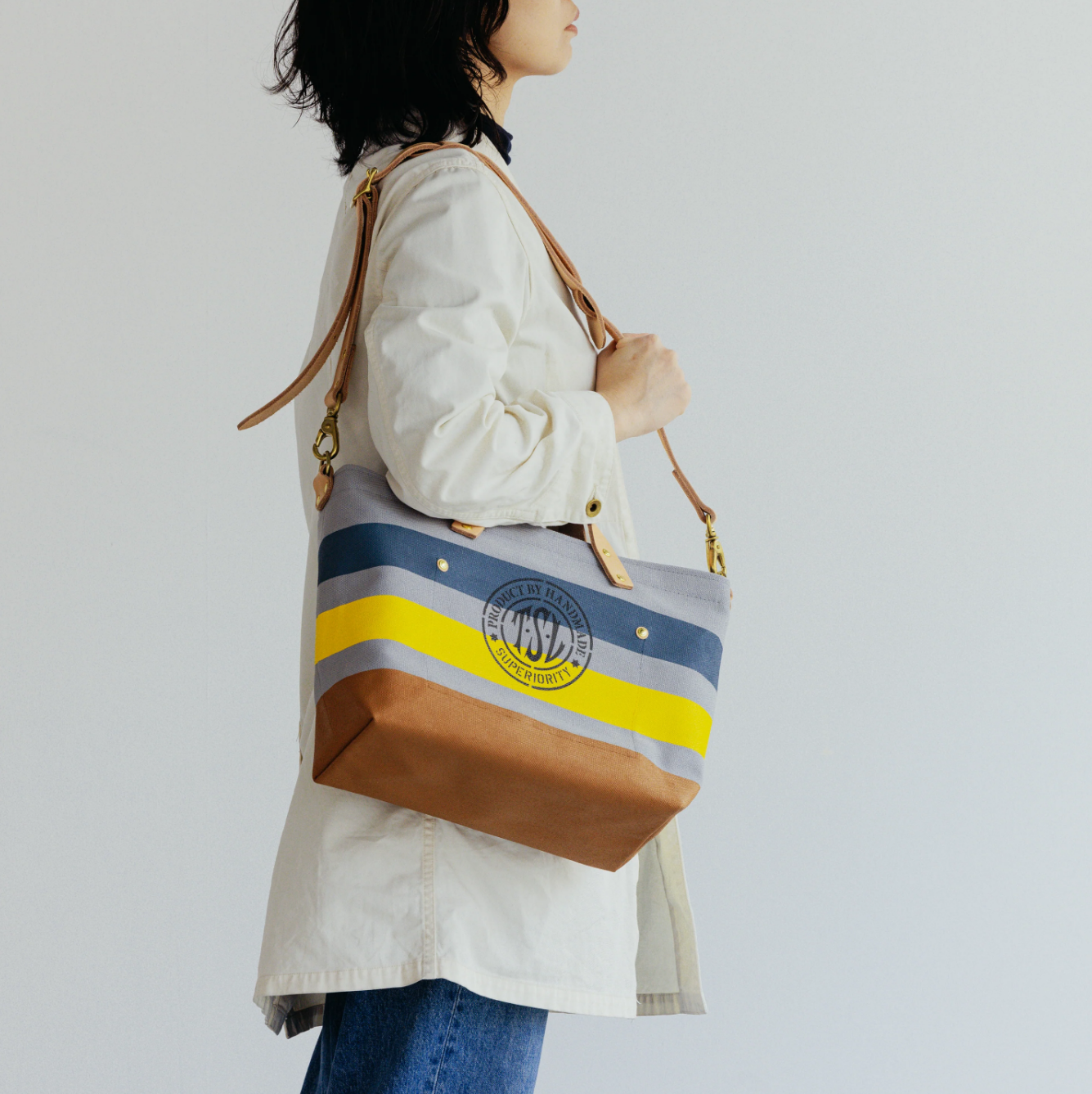 The Superior Labor-Engineer Shoulder Bag XS: Gray Canvas Stripes (Blue Grey/Blue Grey/White)