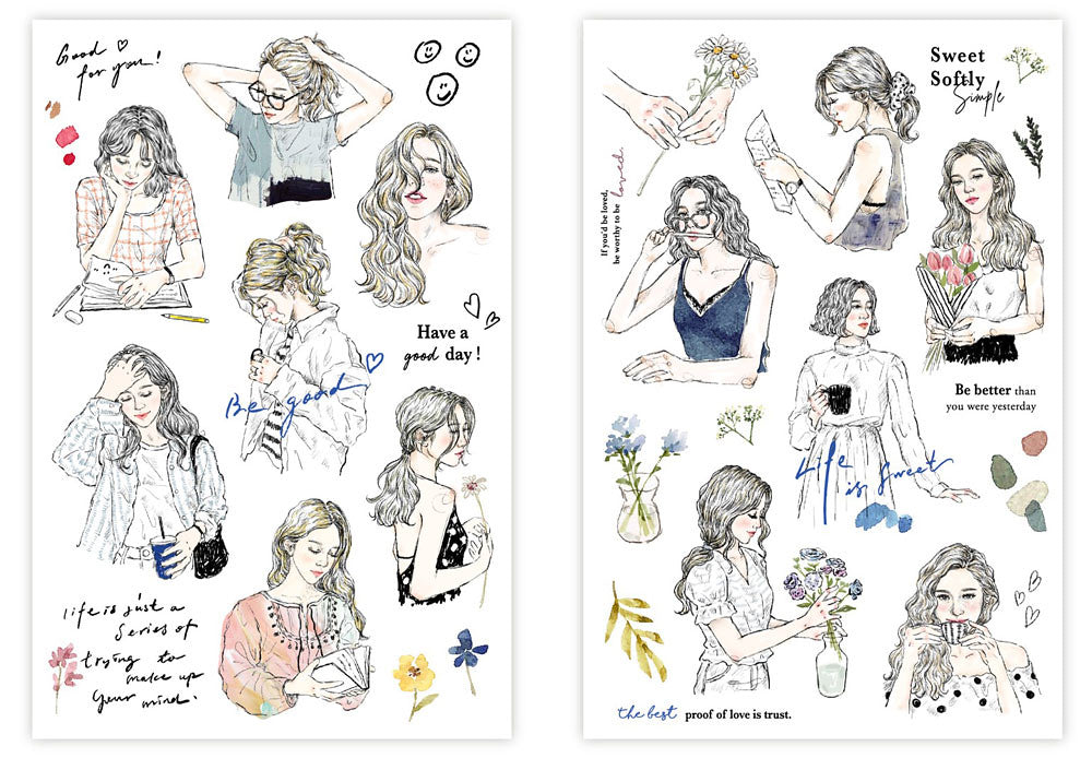 Pion Sketch Girl Transfer Sticker (Pack of 2) - Smidapaper Ikigai Shop
