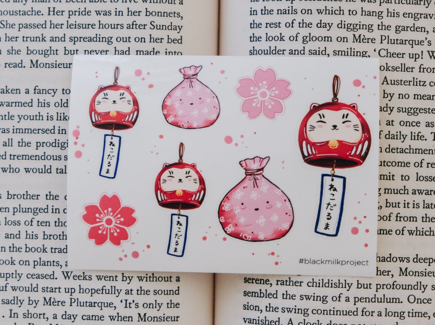 Black Milk Project Mini Sticker Sheet - Neko Daruma - Smidapaper Ikigai Shop