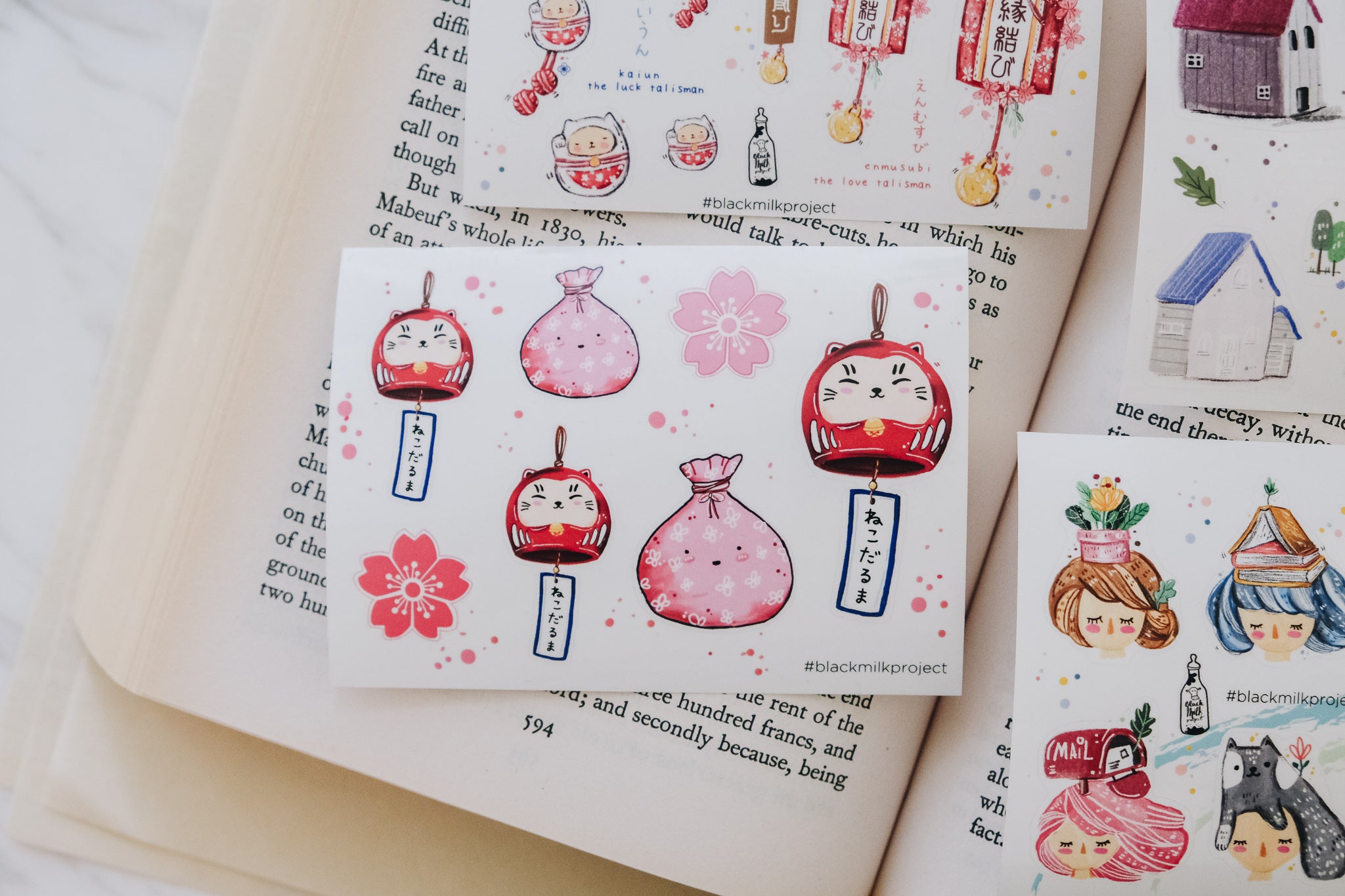 Black Milk Project Mini Sticker Sheet - Neko Daruma - Smidapaper Ikigai Shop