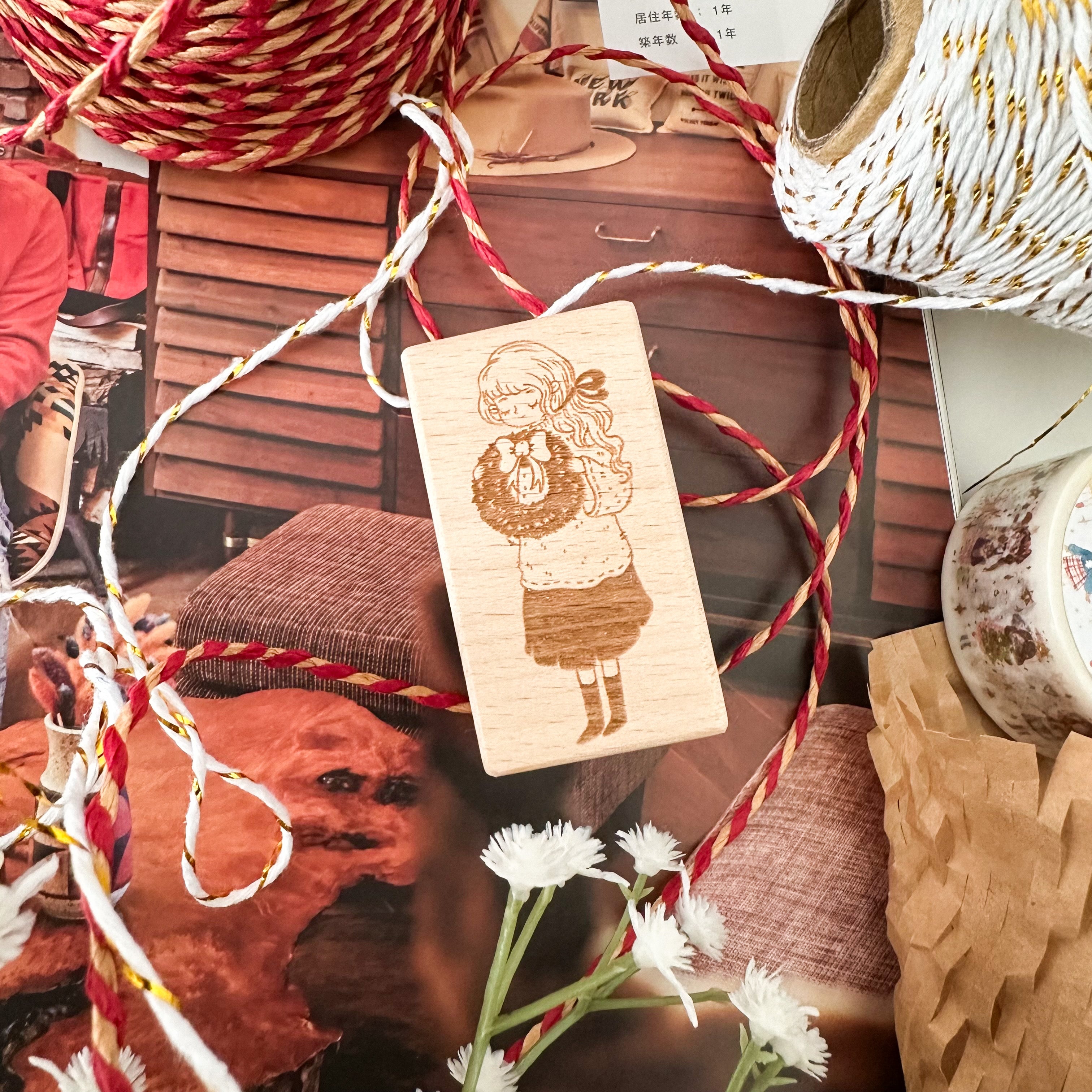 Christmas Wreath Girl Rubber Stamp