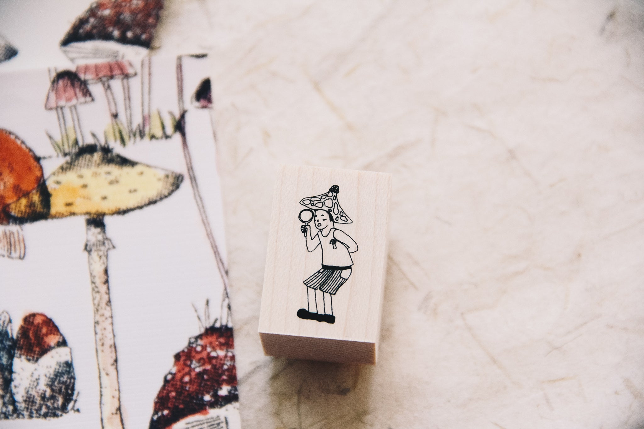 Mushrooms and Dwarfs: Magnifying Glass Boy Rubber Stamp - Smidapaper Ikigai Shop