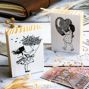 Oola Happy Stationery Rubber Stamp- Heart Girl and Flower Girl - Smidapaper Ikigai Shop