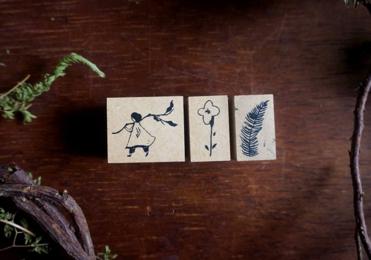 Yamadoro Girl/ Leaf/ Flower Rubber Stamp (set of 3) - Smidapaper Ikigai Shop