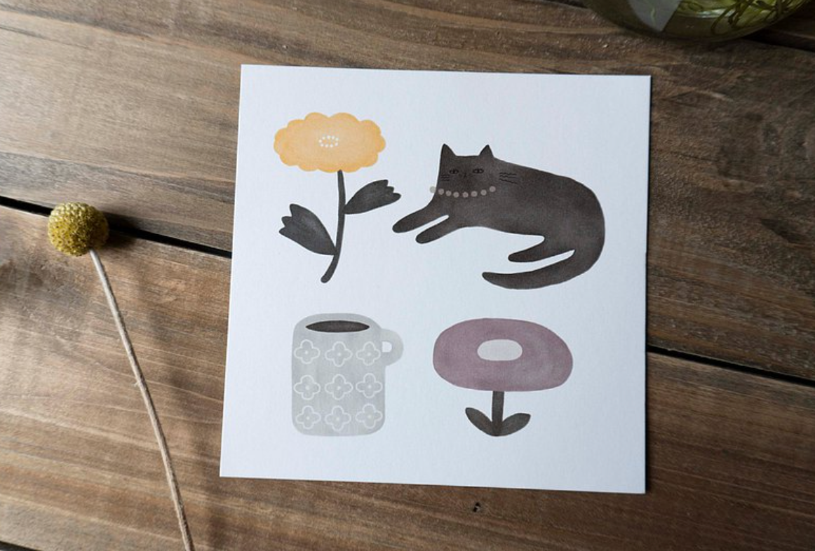 Ivy Snow Cat Flower and Cup Postcard