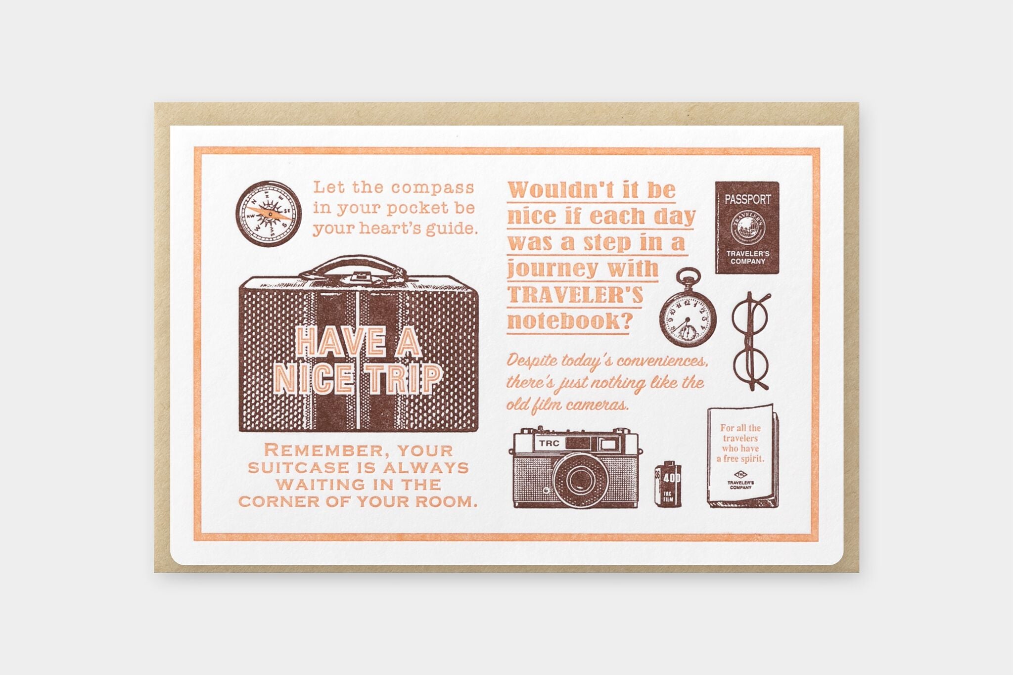 Traveler's Factory Travel Tools Letterpress Greeting Card Brown - Smidapaper Ikigai Shop
